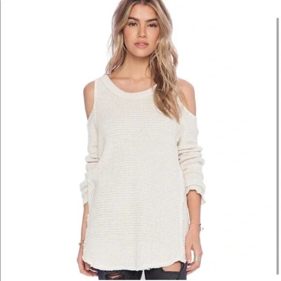 Free People Sunrise Cold-Shoulder Waffle Knit top sweater oatmeal small - Picture 1 of 9